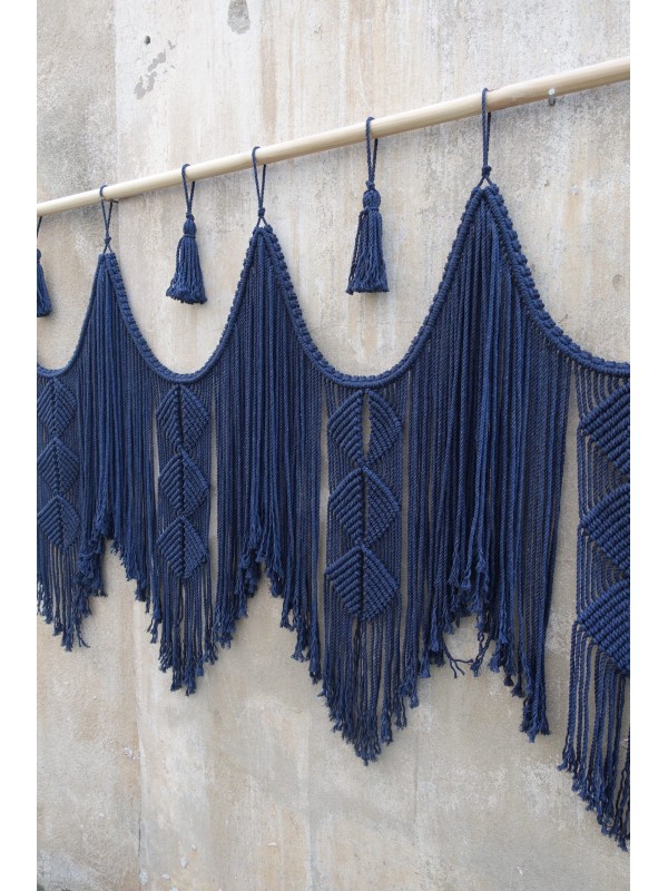 Navy blue macrame hanging headboard