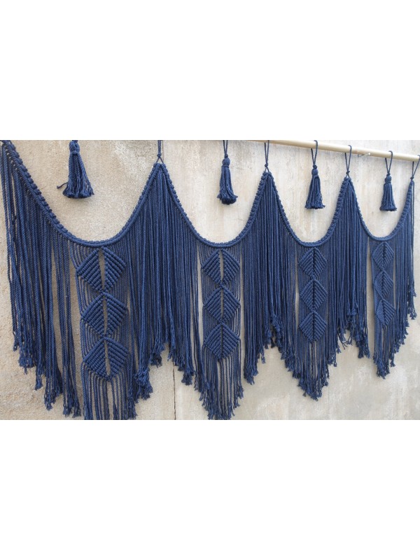 Navy blue macrame hanging headboard