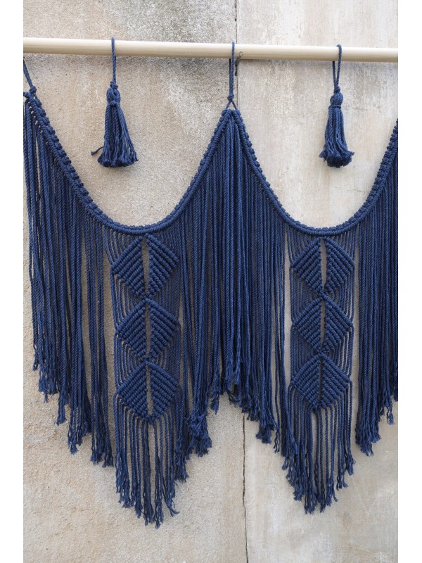 Navy blue macrame hanging headboard