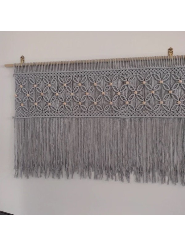 Gray macrame wall hanging headboard